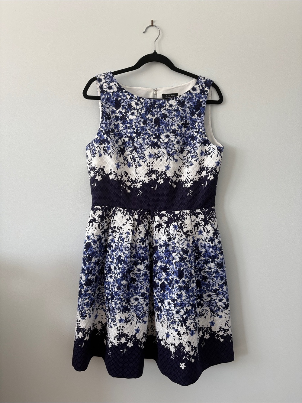 Sleeveless Navy and White Floral Midi Fit-and-Flare Dress